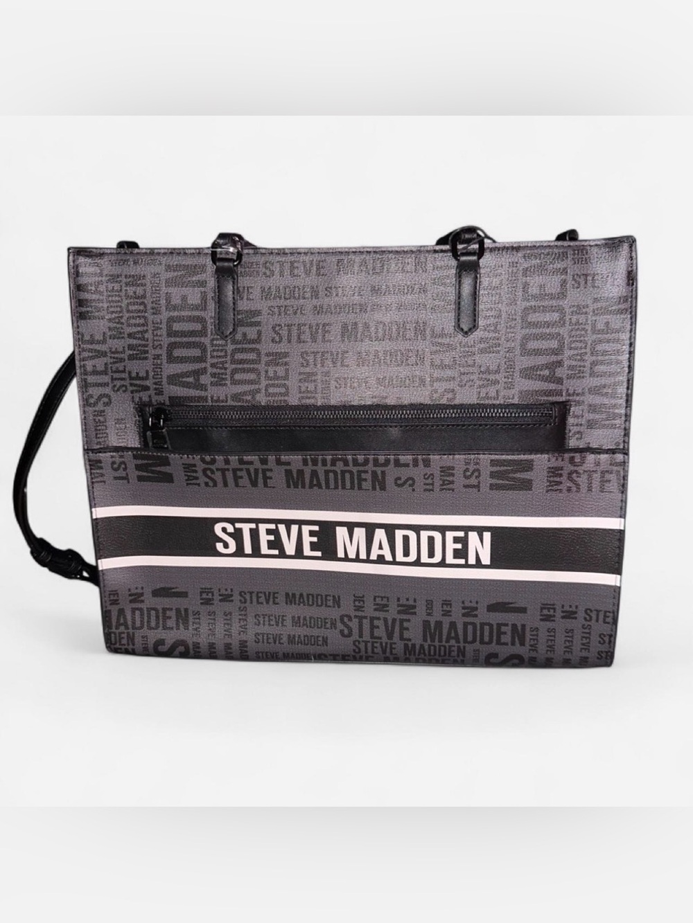 Steve Madden Black Logo Print Laptop Tote with White Accent